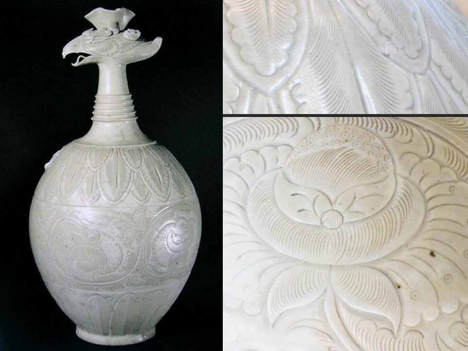 The Eumorfopoulos phoenix-head ewer shown on the left in full and in two details of the decoration on the right