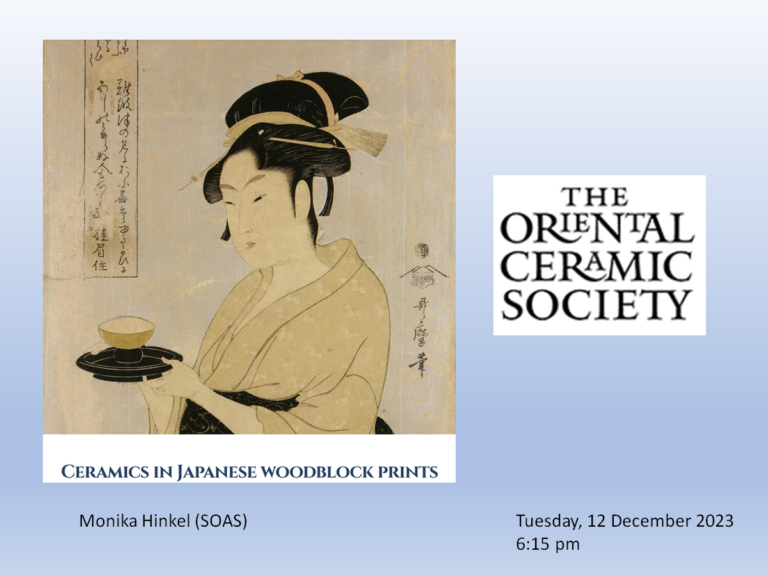OCS Logo Ceramics in Japanese woodblock prints Monika Hinkel (SOAS) Tuesday 12 December 2023 6:15 pm Japanese print of a lady holding a teabowl and stand with calligraph to upper left and lower right