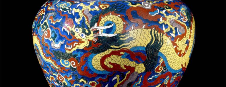 Detail of a cloisonne jar with dragon decoration
